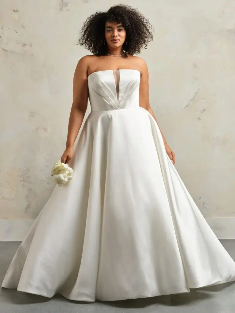 beautiful bride wearing strapless ballgown with plunging neckline