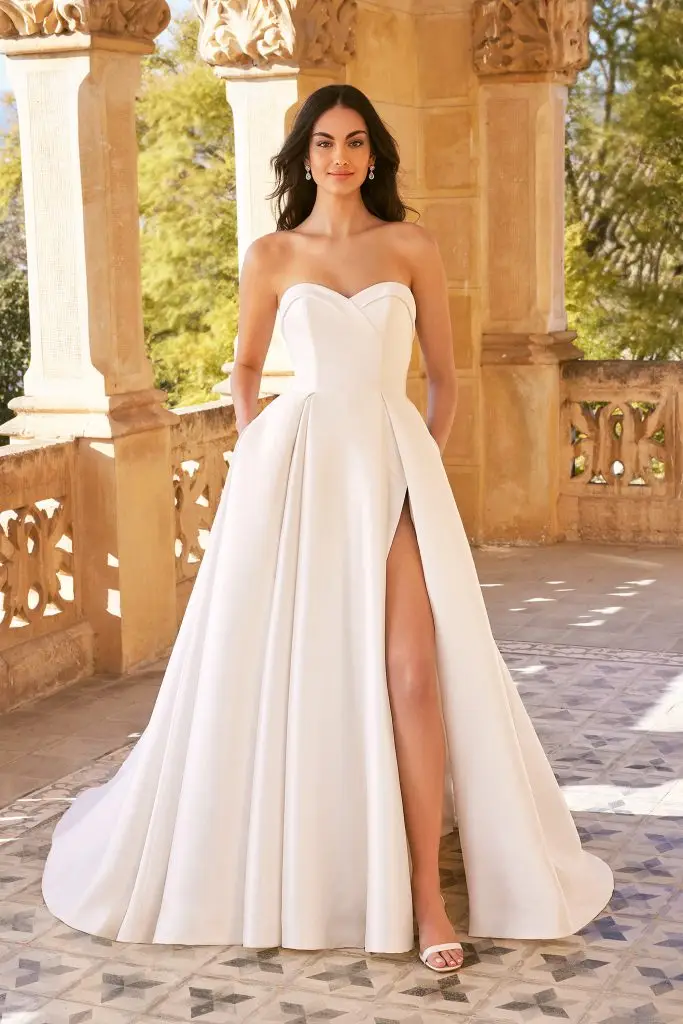 stunning strapless wedding dress with high slit and sweetheart neckline