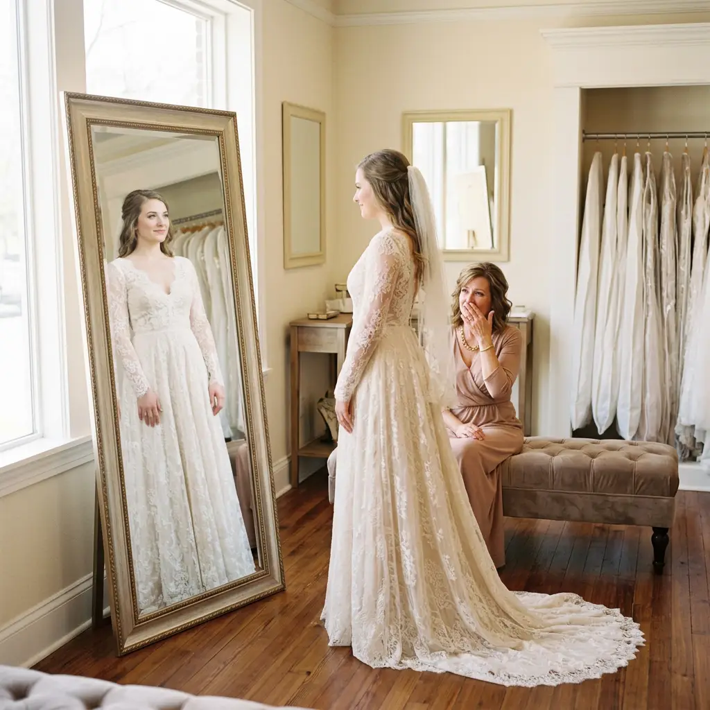 A mother and daughter share an emotional moment in front of a mirror as the daughter tries on a wedding dress