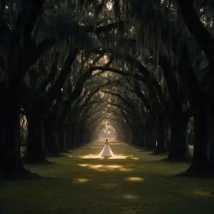 Bride walking a live oak allee draped in Spanish moss, one of the classic Lowcountry wedding venues near Pawleys Island.