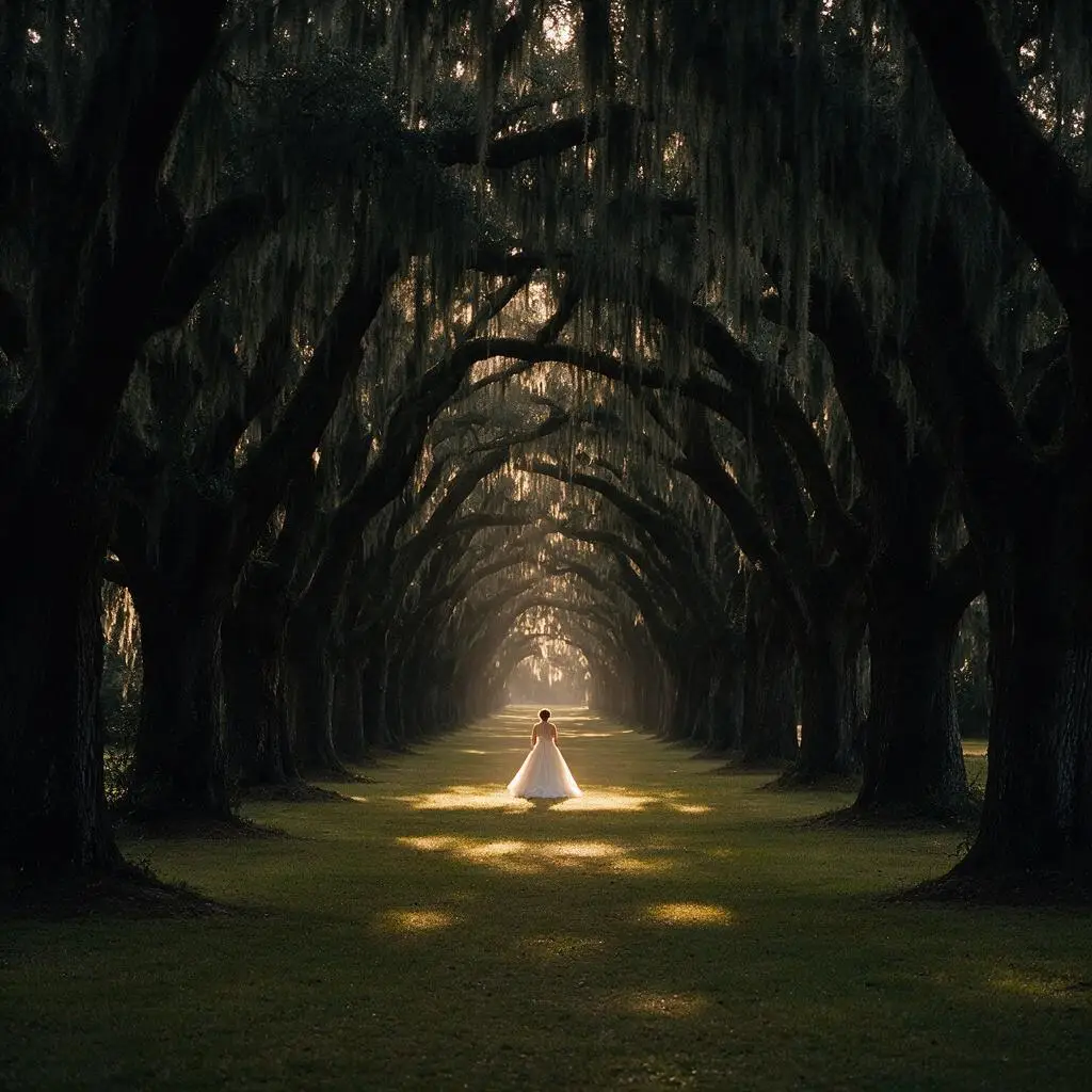Bride walking a live oak allee draped in Spanish moss, one of the classic Lowcountry wedding venues near Pawleys Island.