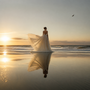 Essense of Australia wedding dresses on the Pawleys Island shoreline, layered tulle lifting above a mirrored reflection in wet sand.