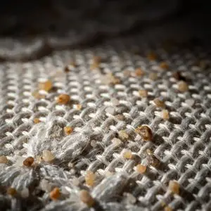 Wedding dress preservation detail, macro view of sand grains and salt in the weave of an ivory gown hem.