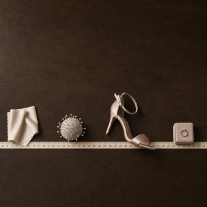When to start wedding dress shopping shown as a measuring tape timeline with a swatch, pins, a shoe, and a ring box.